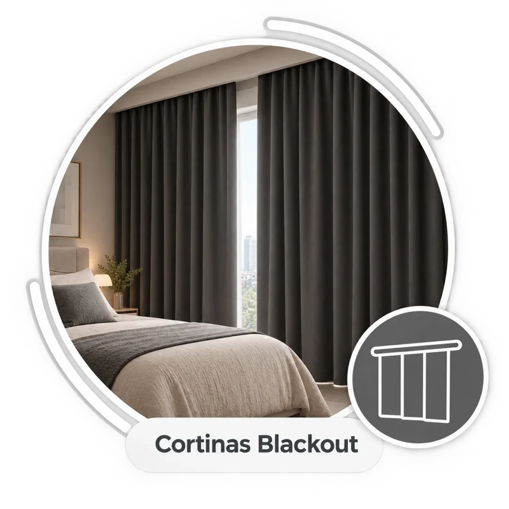 Cortinas Blackout en una habitación moderna con cortinas oscuras.