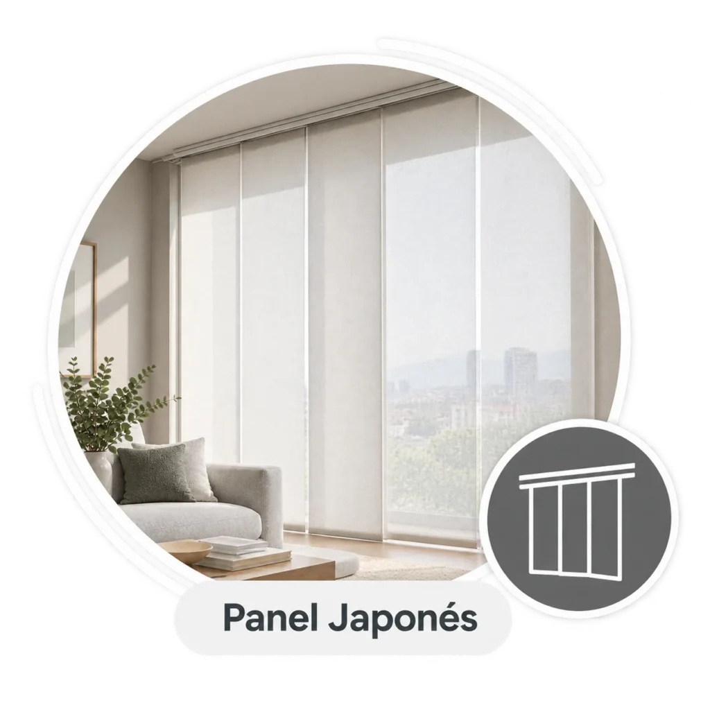 Cortinas panel japonés a medida en una sala moderna con tonos neutros.